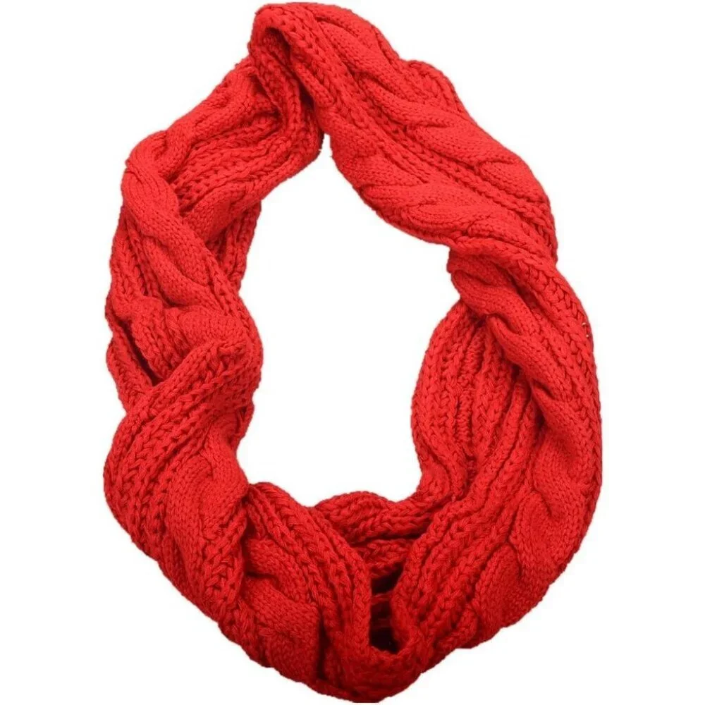 Women's Twist Red Thick Ribbed Knit Winter Infinity Circle Loop Scarf